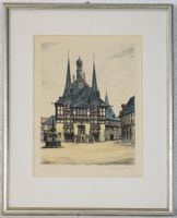 Gerahmte Farbradierung "Rathaus Wernigerode", sign. Brückner