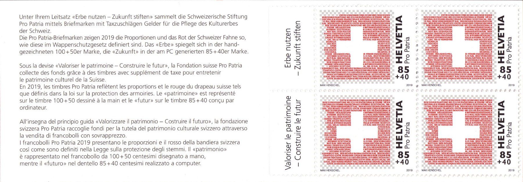 Tutti i francobolli: 2019 MH Pro Patria postfrisch Postpreis 14.-   KW Fr. 40.- – Nuovo (secondo la descrizione) da Eggersriet venduto da stamp303 1
