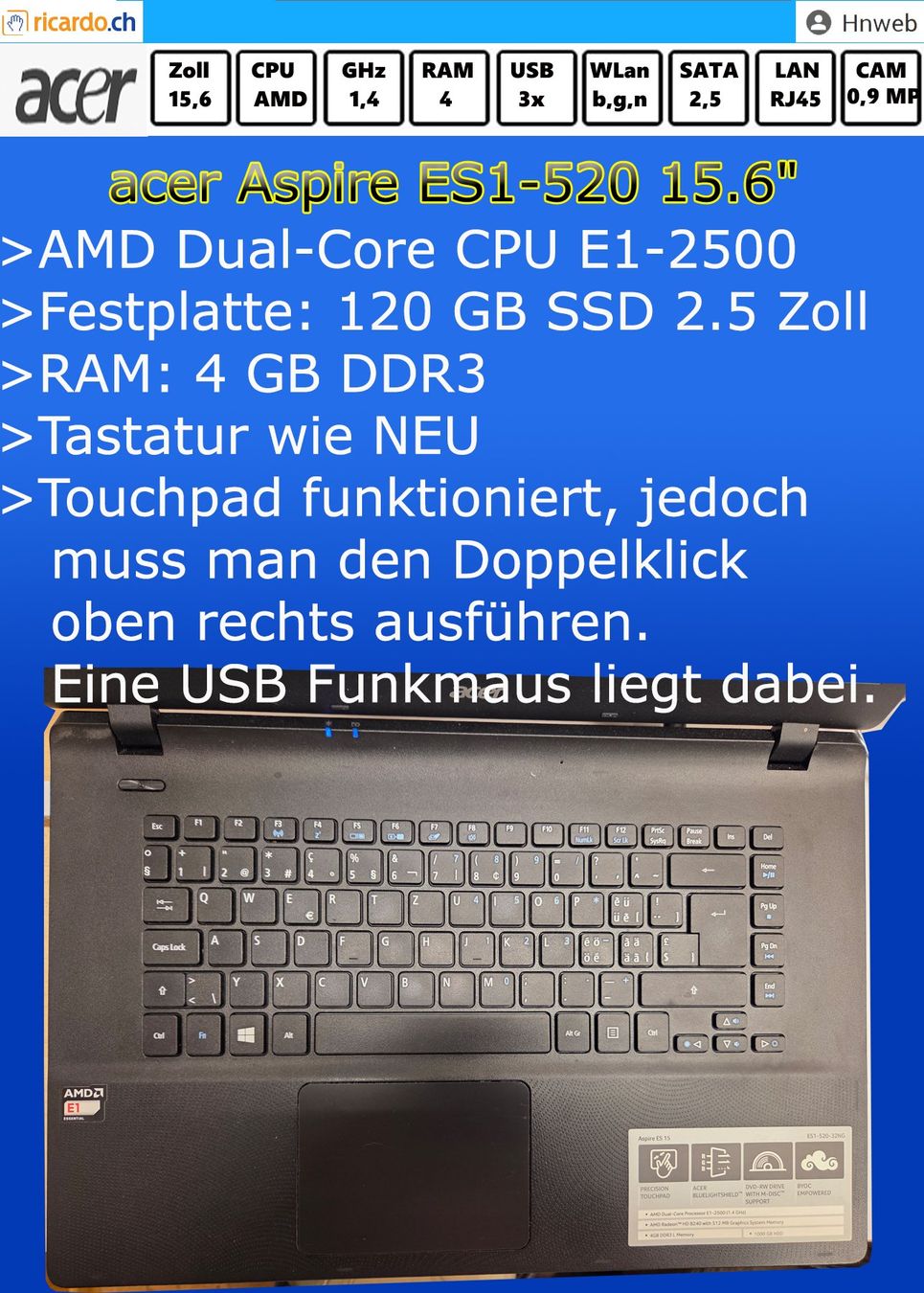 Acer Notebook: acer-Aspire-ES1-520-32NG, 15.6" – Usato da Kaisten venduto da Hnweb 1