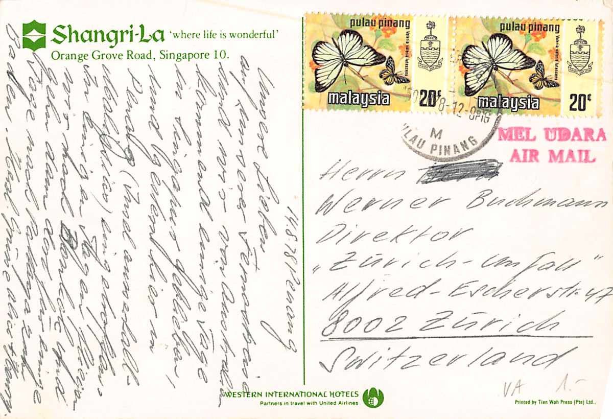 Cartoline postali: EXOTISCHE Ansichtskarten 4x MALAYSIA in die Schweiz – Usato da Lufingen venduto da TopAnsichtskarten 5
