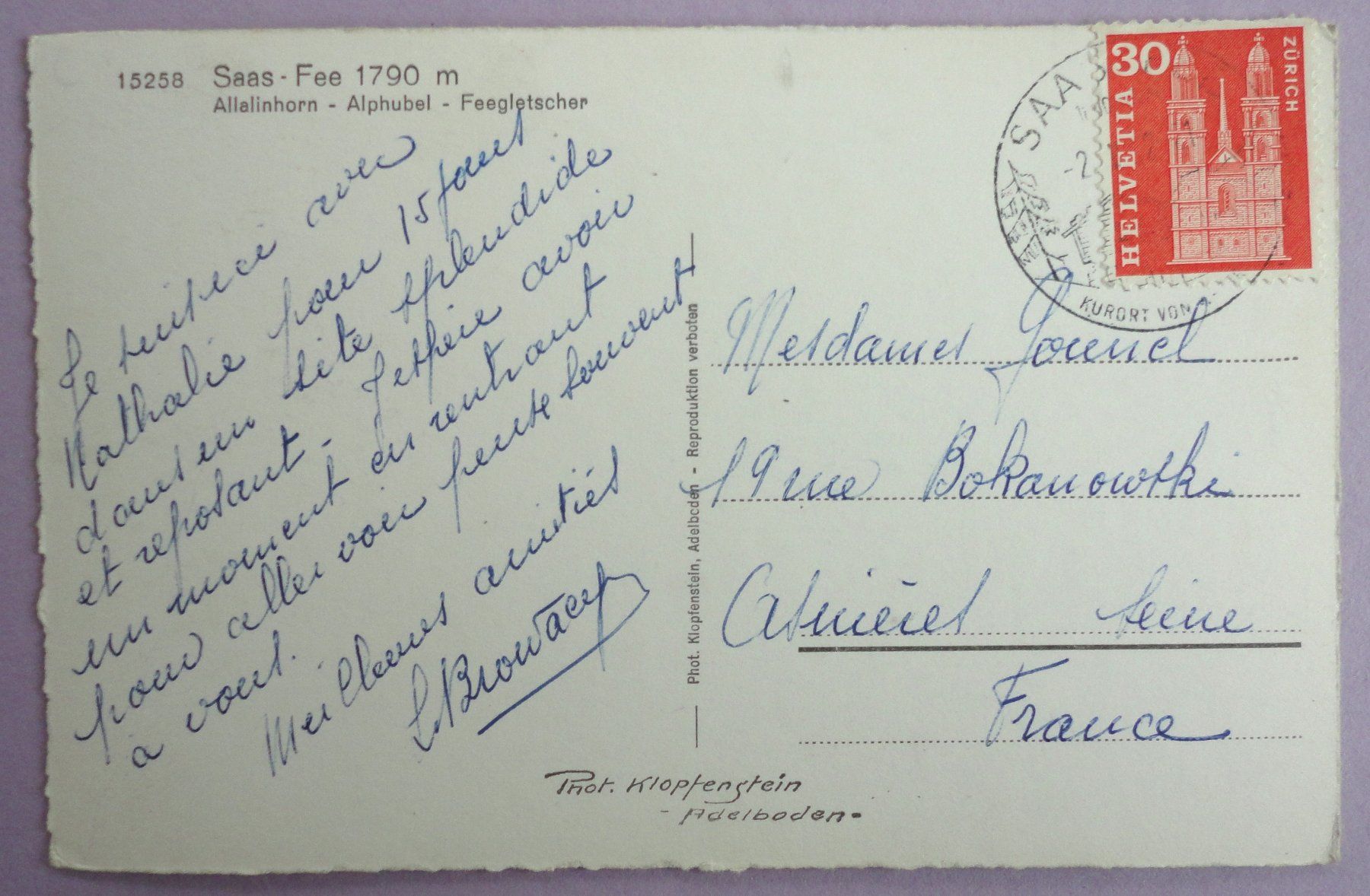 Cartoline postali: Saas-Fee 1790 m – Usato da Fétigny venduto da Billy2miny 1