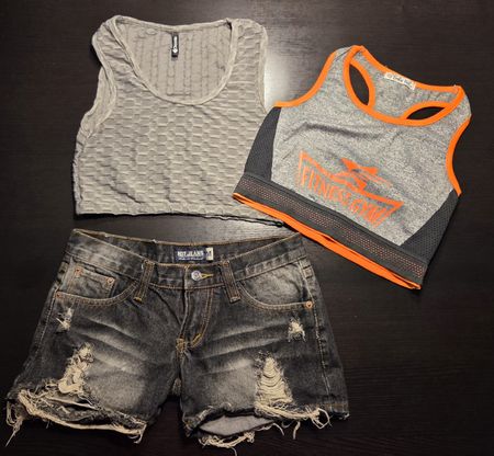 Jeans Shorts, Top + Sport Oberteil Set, Gr. 12J / M
