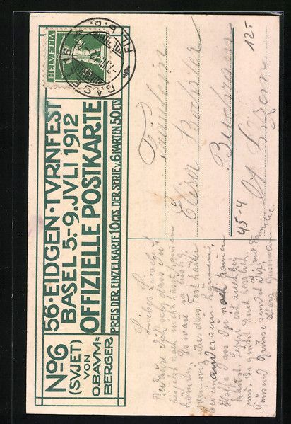 Cartoline postali: Basel, Turnfest 1912, Turner mit Blumen- – Usato da Berlin venduto da bartko-reher 1