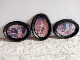 3er Set Vintage Bilderrahmen mit Bildern Oval Kunststoff