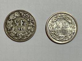 2x1/2 Franken Münzen 1914 und 1967 silber..Scan