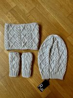 Grey knitted winter set with gloves, hat and neck gaitor