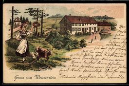 Lithographie Weissenstein /SO, Junge Dame in Tracht mit Kühe