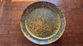 Raku Serviceplatte Keramikplatte gelb grün gesprenkelt