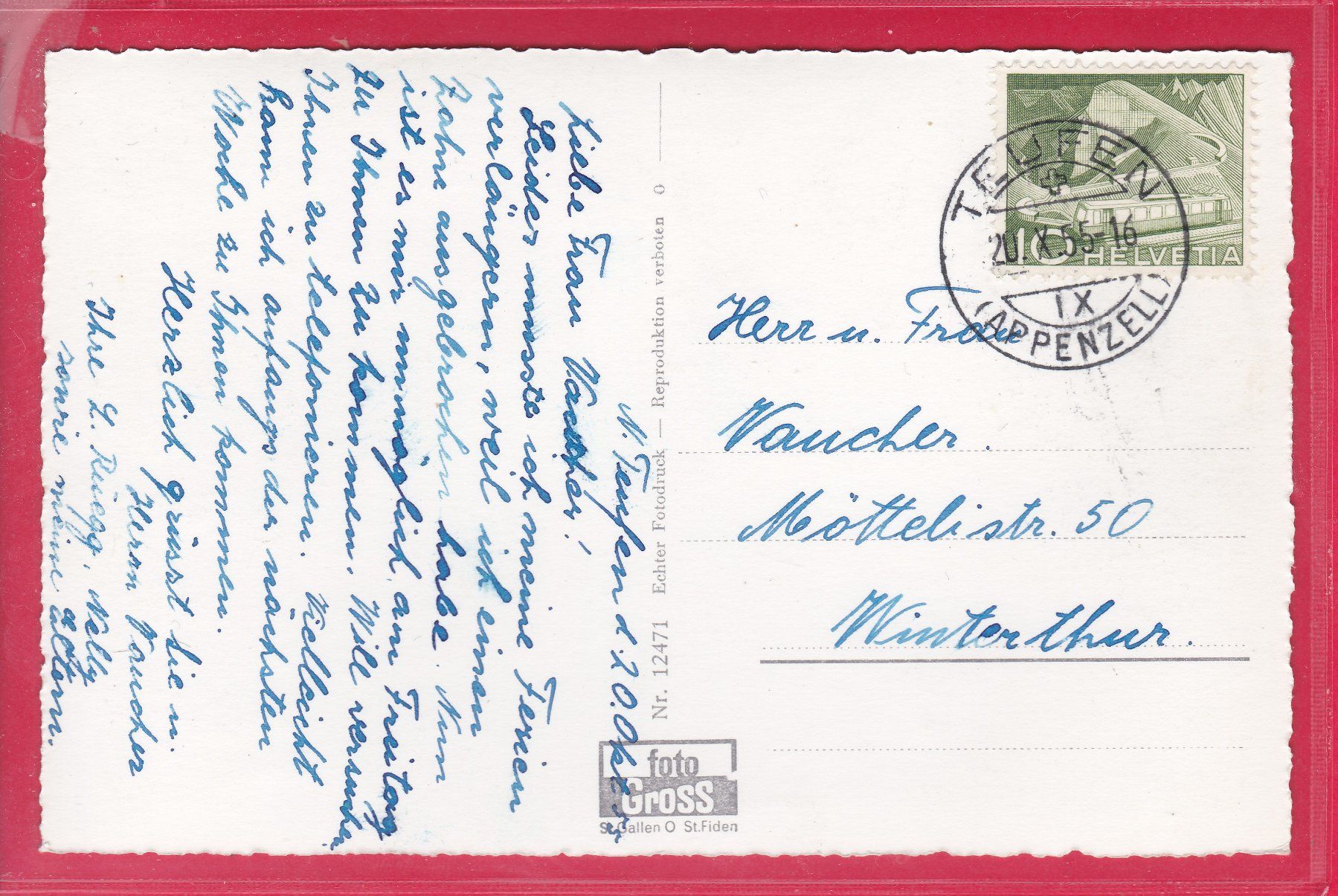 Cartoline postali: TEUFEN, KLOSTER WONNENSTEIN, 20.10.1955 – Usato da Oberrieden venduto da Gebirgsstelze 1