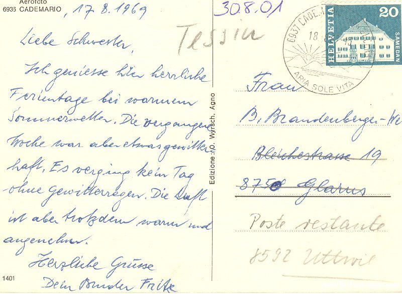Ansichtskarten: Cademario - Aerofoto + 1969 – Gebraucht aus Emmenbrücke von teestube 1