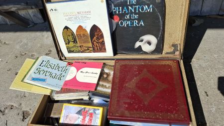 alte Schallplatten Kasetten und alter Lederkoffer