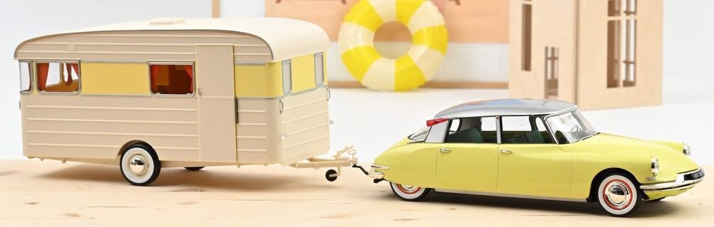 Norev 1/18 - Citroën DS 19 1960 Jaune Jonquille + Caravane Digue - Prévente