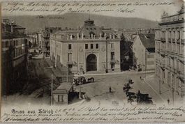 Gruss aus Zürich, Bahnhof, Pferdekutschen, Rössli - Tram