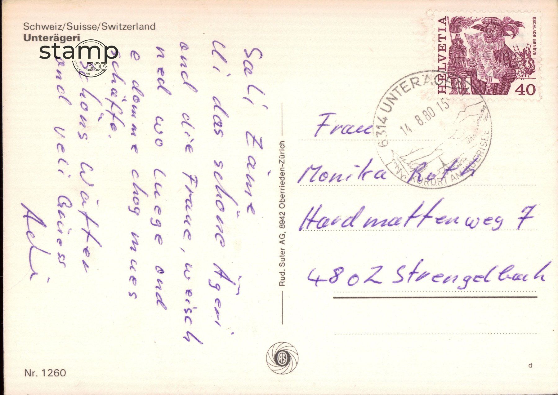 Cartoline postali: 1980 AK Unterägeri – Usato da Eggersriet venduto da stamp303 1