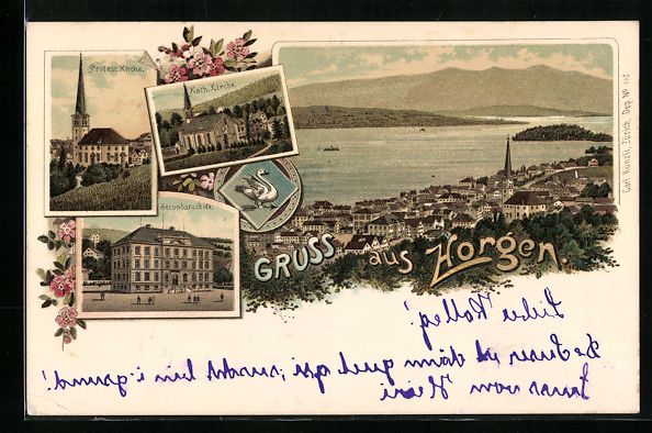 Cartoline postali: Litho Horgen, Secundarschule, Kath. Kirc – Usato da Berlin venduto da bartko-reher