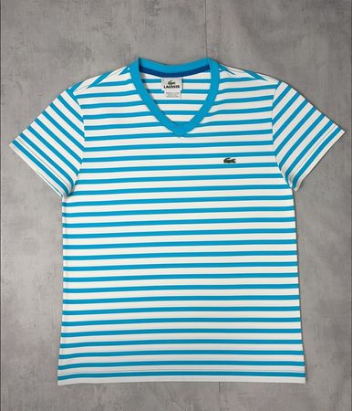 T-shirt Lacoste col V rayé blanc et bleu turquoise - S #14