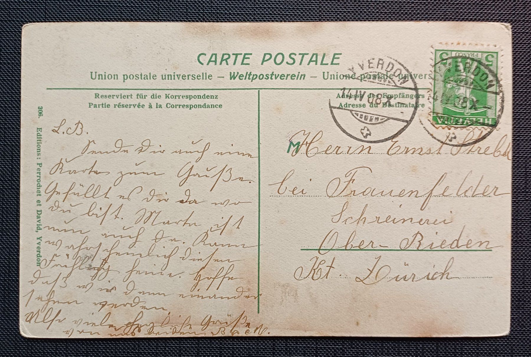 Cartoline postali: AK Le Canal YVERDON 1908 – Usato da Brittnau venduto da simionius 1