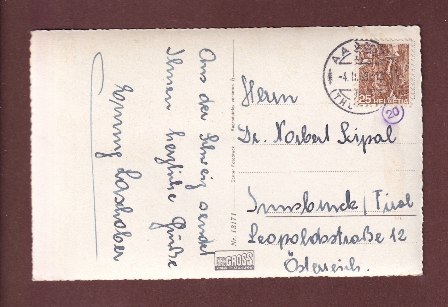 Cartoline postali: AADORF - 1949 – Usato da Pully venduto da nicecards-shop 1