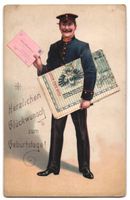 Briefträger mit Geldschein unter dem Ar
