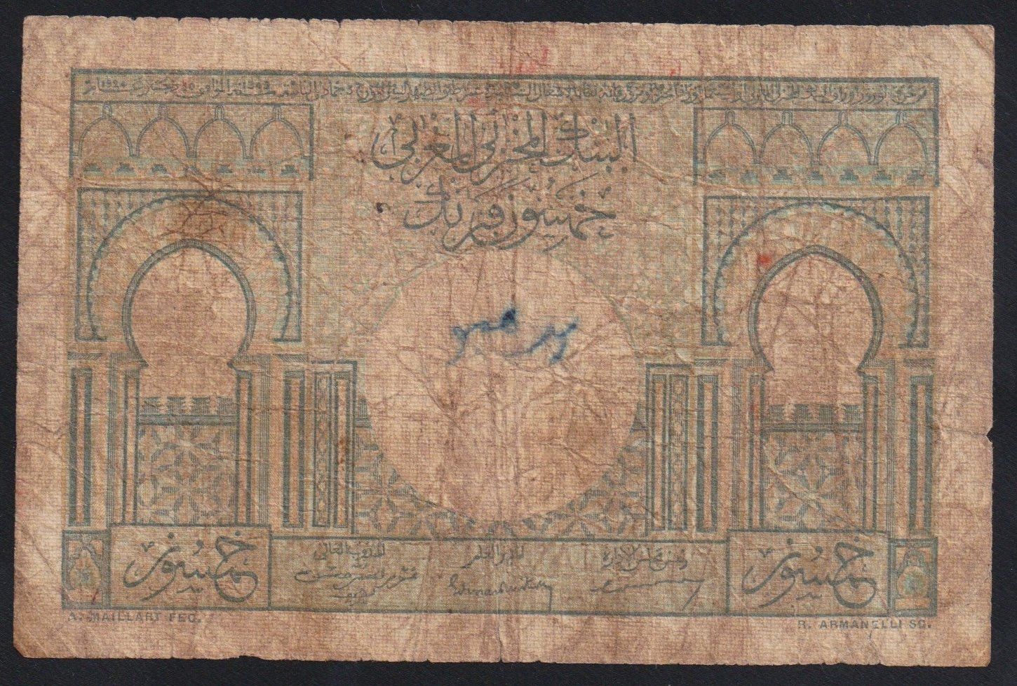 Banconote: Marokko 50 Francs 1949 – Usato da Brugg AG venduto da banknoten_muesli 1