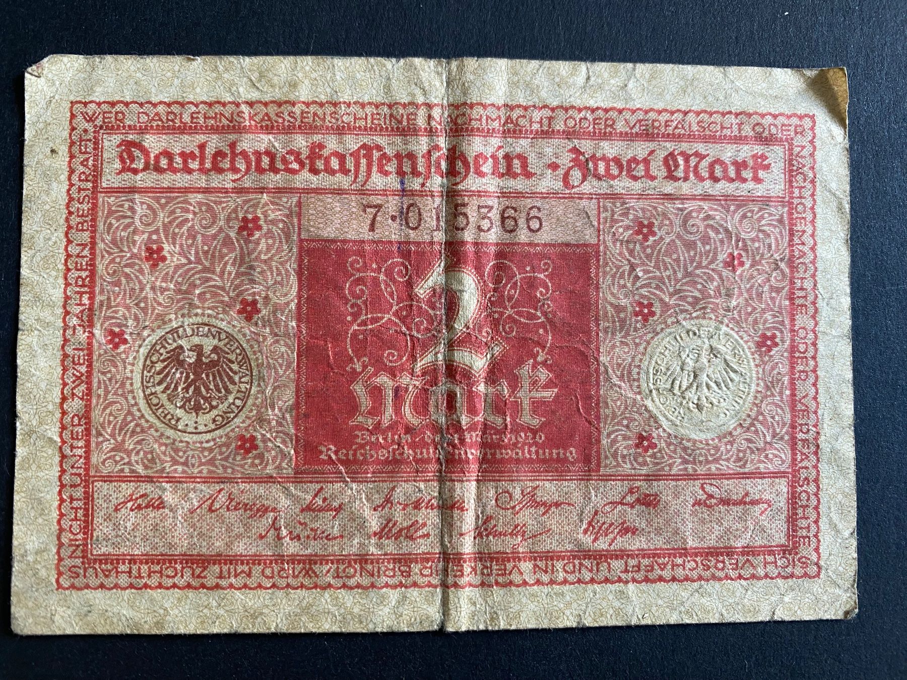 Banknoten: Darlehnskassenschein, Zwei Mark, 1920 – Gebraucht aus Zürich von leo0105
