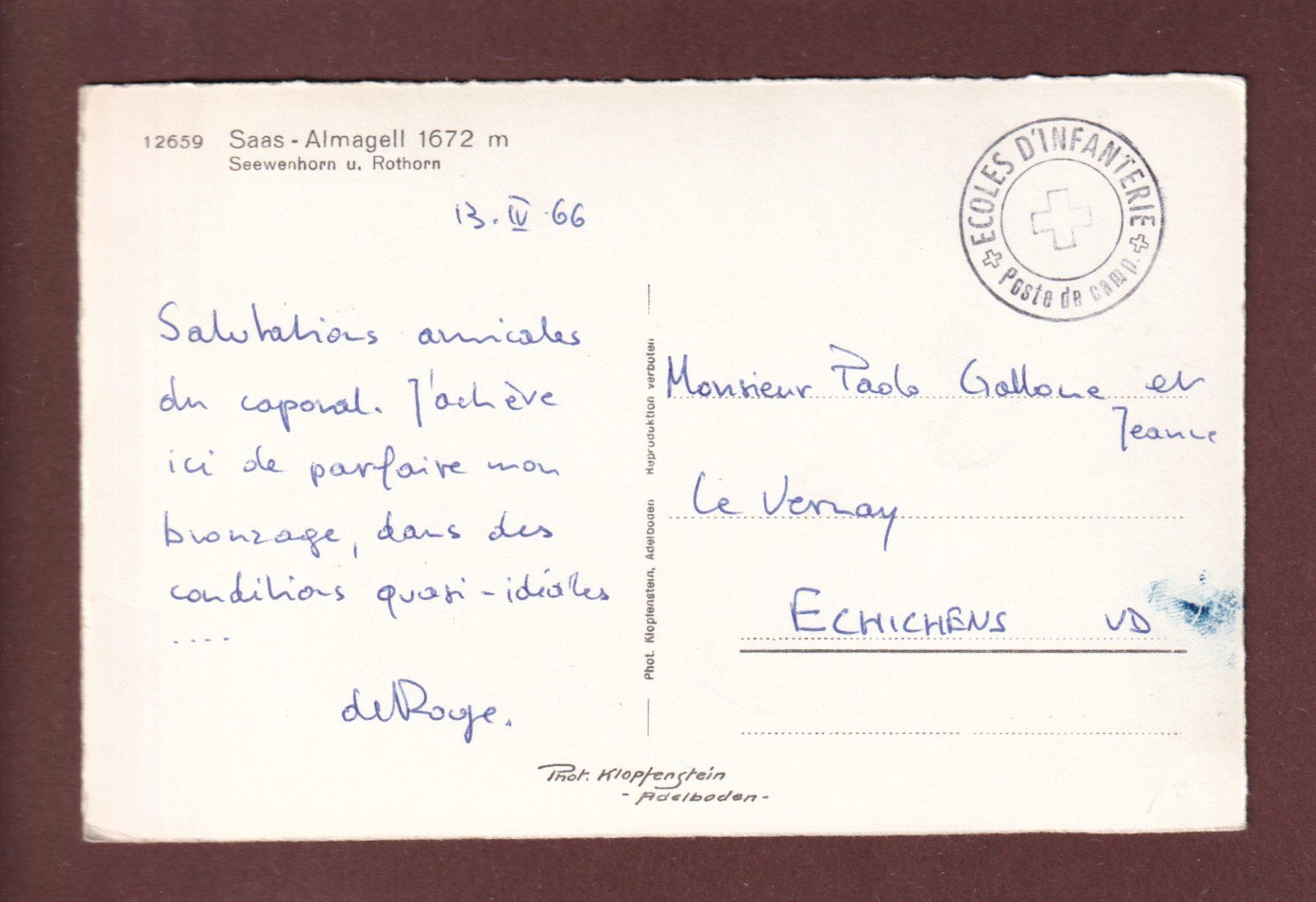 Cartoline postali: SAAS-ALMAGELL - 1966 Feldpost – Usato da Pully venduto da nicecards 1