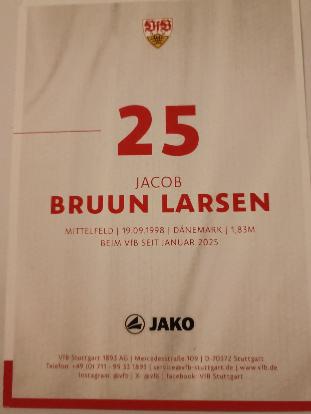 Autografi: Jacob Bruun Larsen - VfB Stuttgart - Handsigniert – Usato da Menziken venduto da Artographs 1