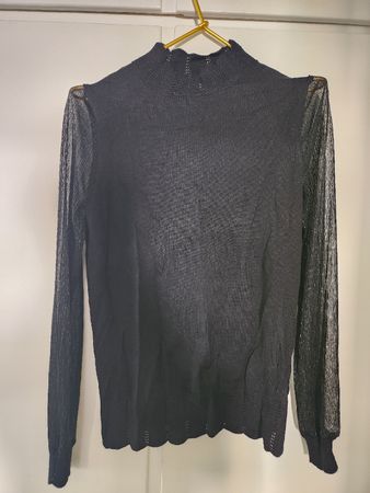 Camaieu Black Mesh Sleeve Turtleneck Blouse Size S