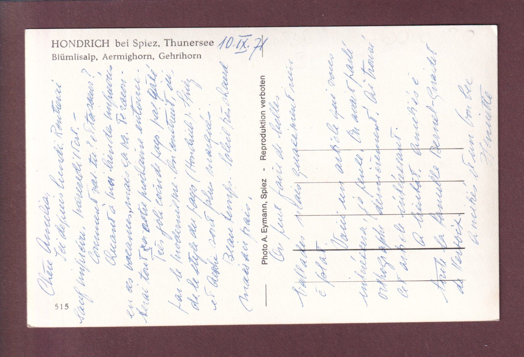 Cartoline postali: HONDRICH b. S. - 1971 – Usato da Pully venduto da nicecards 1