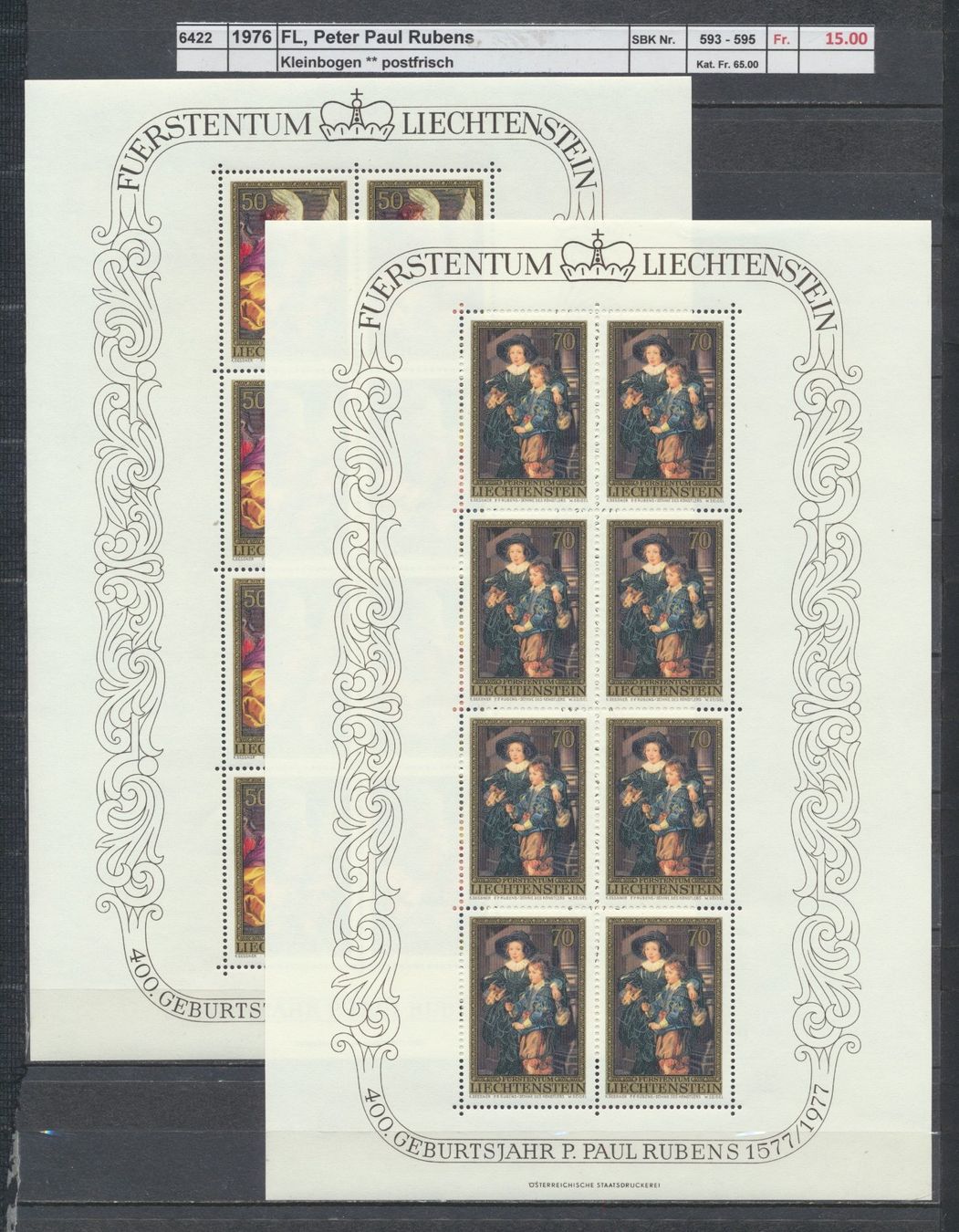 Tutti i francobolli: 1976 Liechtenstein, "Peter Paul Rubens", Kleinbogen, ** – Nuovo (secondo la descrizione) da Winterthur venduto da Zupogeru