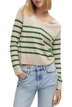Mango Strickpullover, M, Beige/Grün gestreift