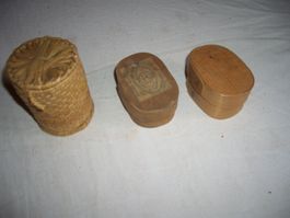 Drei alte Schatullen Holz Weide geflochten gebraucht