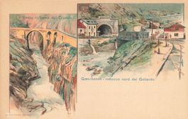 Göschenen UR Teufelsbrücke und Gotthardtunnel Litho