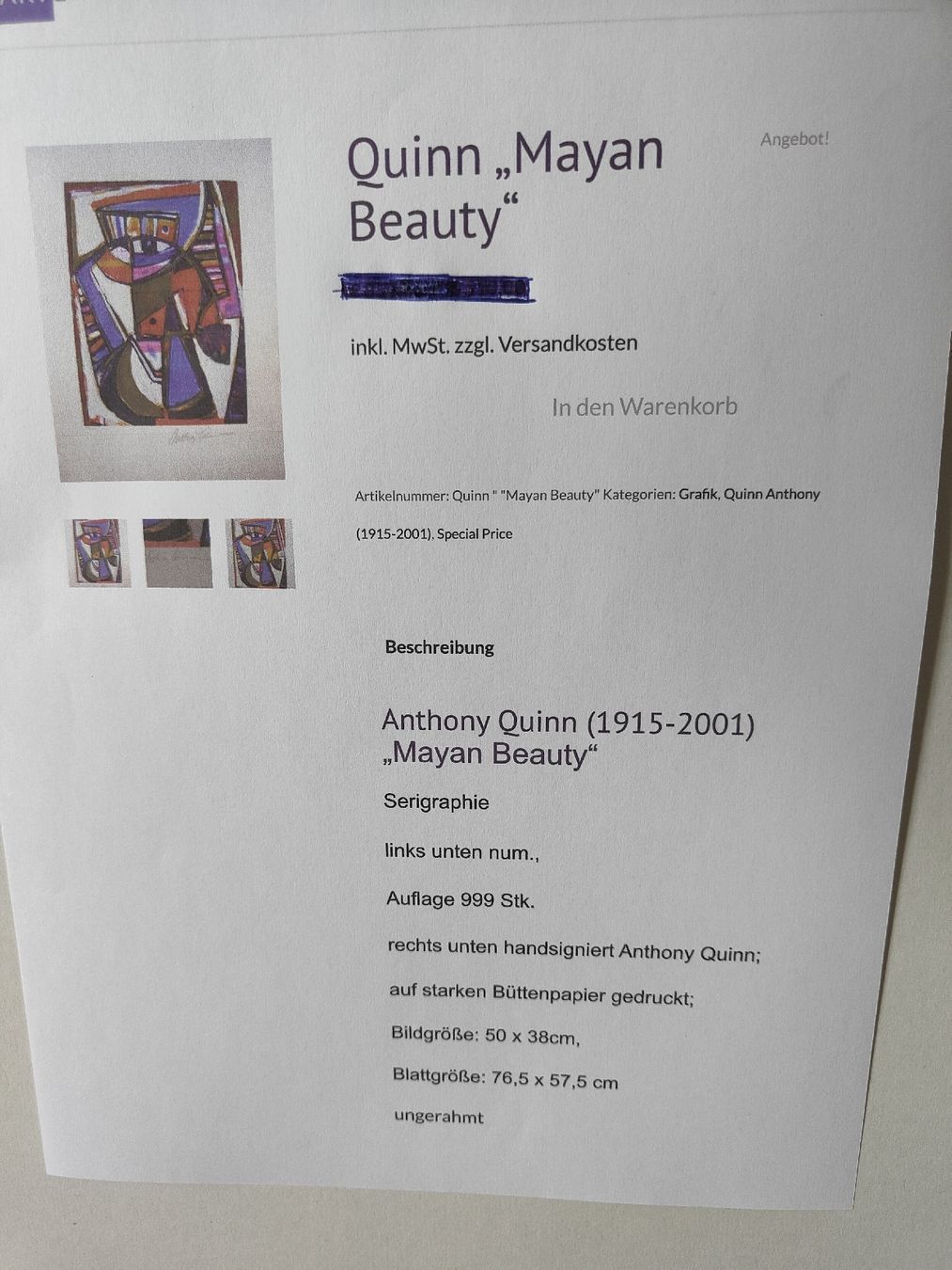Grafica & Litografie: Original Anthony Quinn Serigraphie "Mayan Beauty", handsigni – Usato da St.Gallen venduto da La.ce.92 3