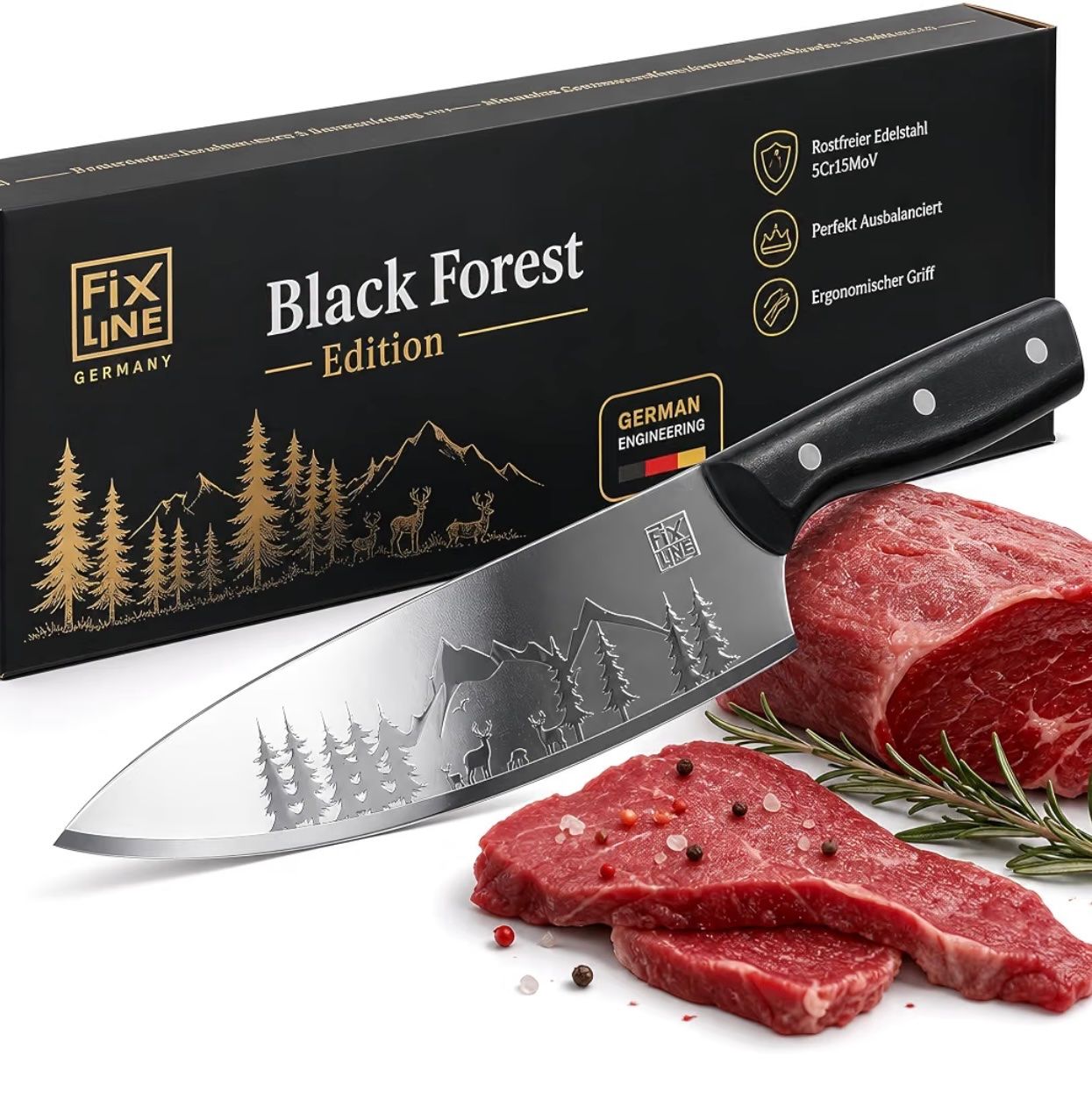 Küchenmesser: FIXLINE Chefmesser 20cm BLACK FOREST Edition – Neu und originalverpackt aus Basel von Seifehuesli