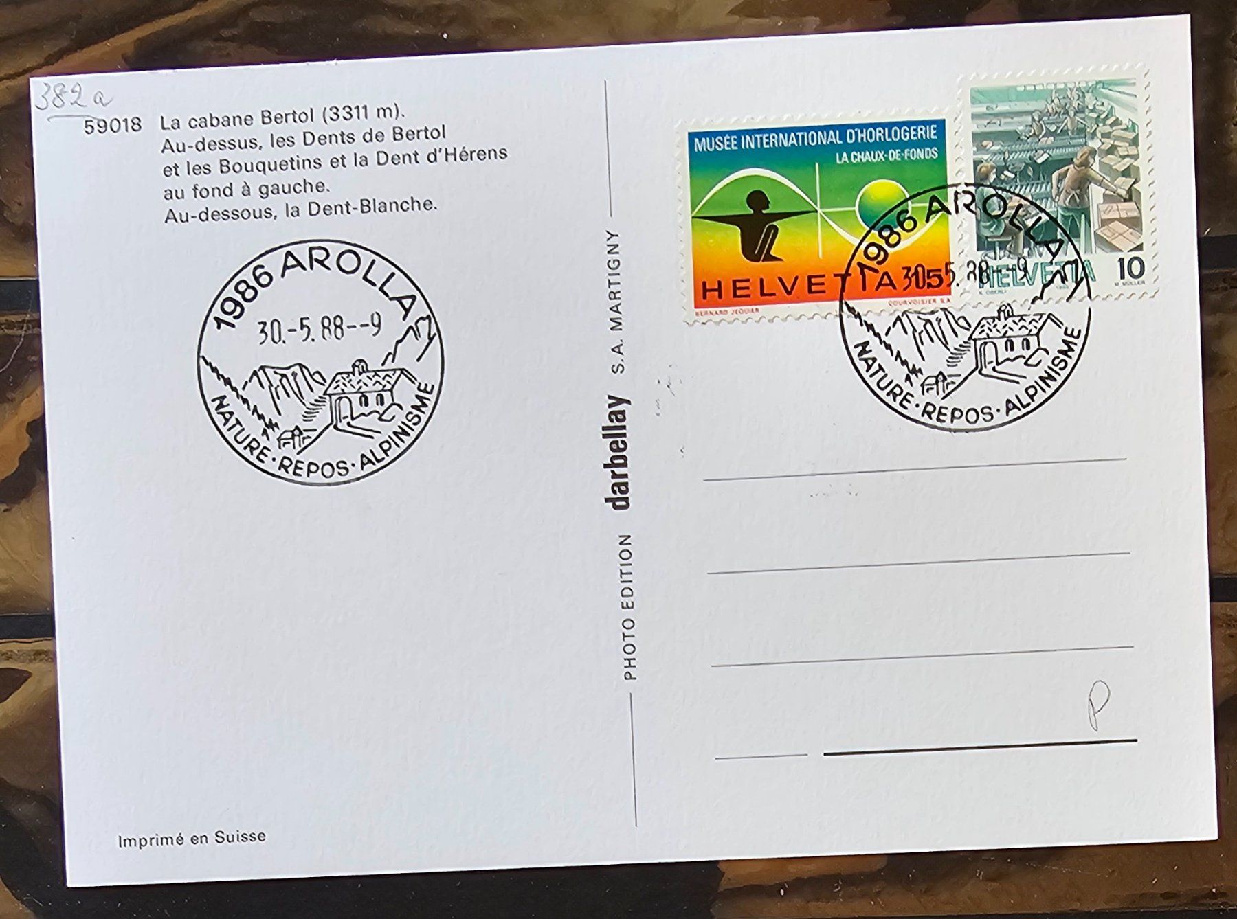 Cartoline postali: Cabane Bertol avec obl. spéciale AROLLA, 30.5.88 – Nuovo (secondo la descrizione) da Les Valettes venduto da Nuba1 1