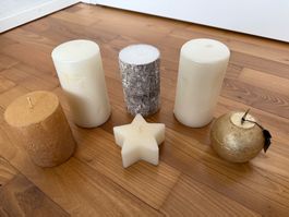 Kerzen Set, 6 Stück, Weiss, Goldig, Holz Optik, Neuwertig