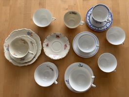 Alte Tassen und Unterteller, meist Langenthaler Porzellan