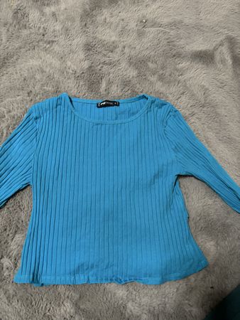 Ribbed Blue Top with Back Cutout and Ties, Size S