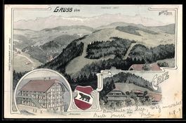AK Eriz, Schulhaus, Bühl, Gebirgspanorama