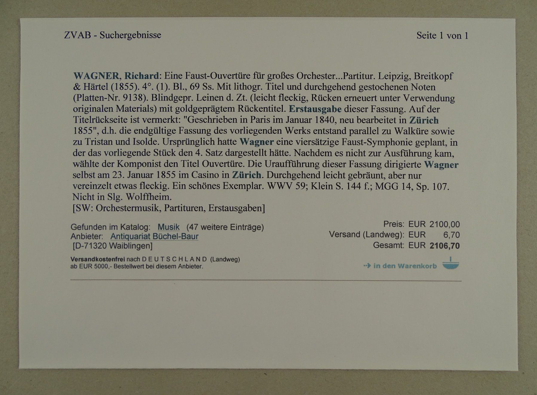 Libri: RICHARD WAGNER: EINE FAUST-OUVERTURE, ERSTAUSGABE – Usato da Grüningen venduto da Kartensammler 7