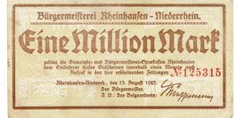 Rheinhausen 1 Mil.Mark Prägestempel 13.08.1923 SS++-VZ