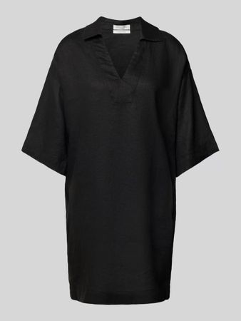 Knielanges Leinenkleid mit V-Ausschnitt black, Grösse 44