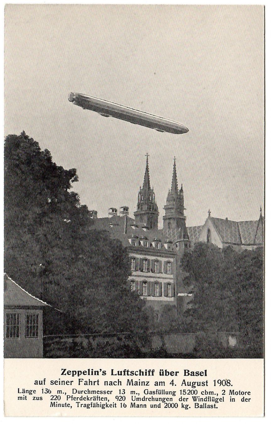 Cartoline postali: Ansichtskarte Zeppelin's Luftschiff über Basel 1908 – Usato da Kerns venduto da etma3