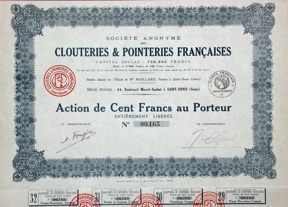 Documenti: SA des Clouteries et Pointeries Françaises, Saint-Denis – Usato da Solothurn venduto da Sgasche