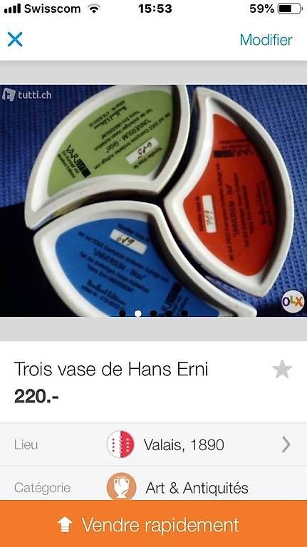 Vasi & Recipienti: 3 Vases de Hans Erni. – Usato da St. Maurice venduto da Benoit12 4