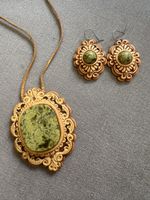 Handmade Wood Pendant Necklace and Earrings Set Green Stone
