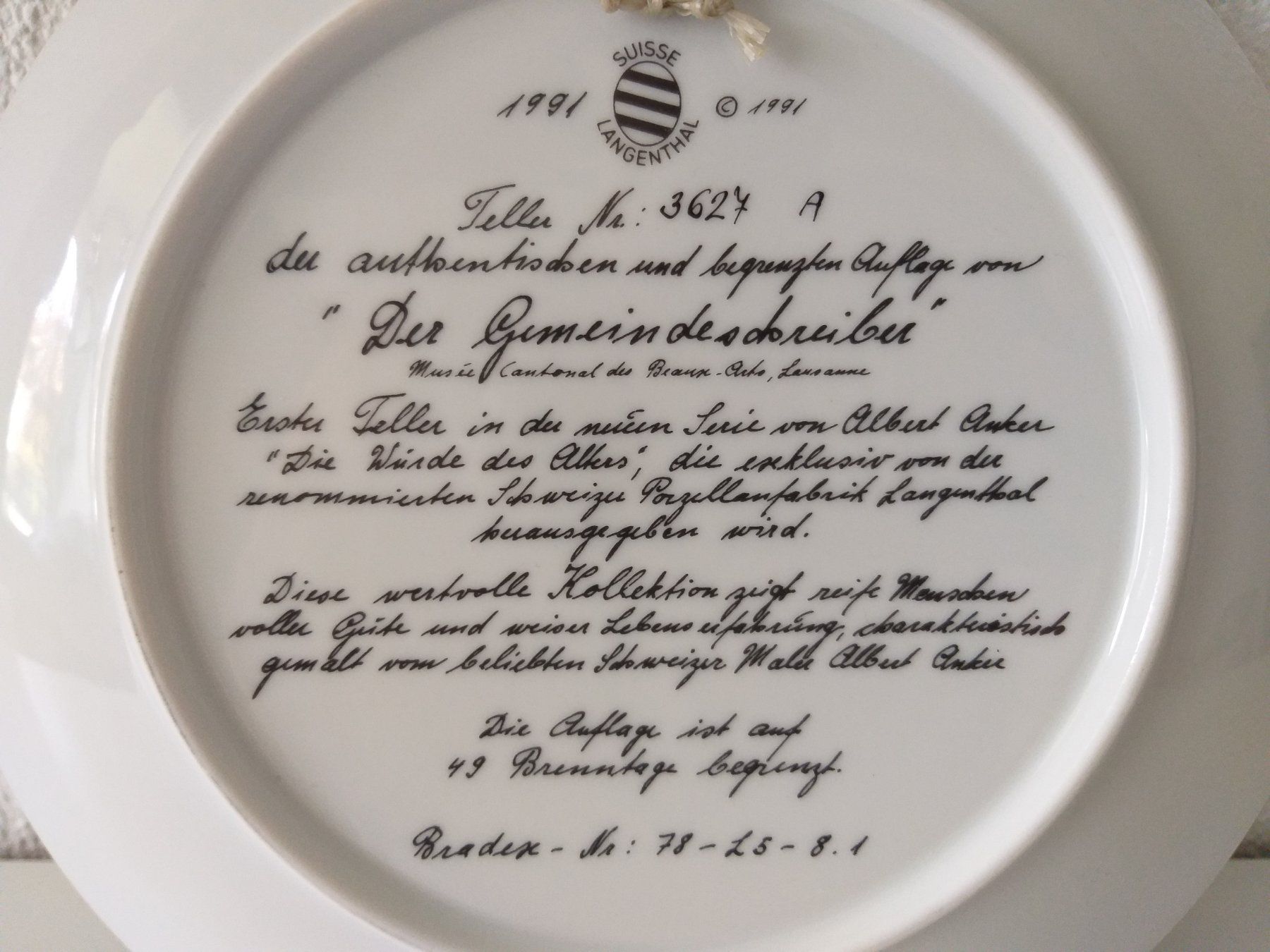Piatti: SUISSE LANGENTHAL "Der Gemeindeschreiber" von Albert Anker – Usato da Cossonay-Ville venduto da Les_1001_perles 6