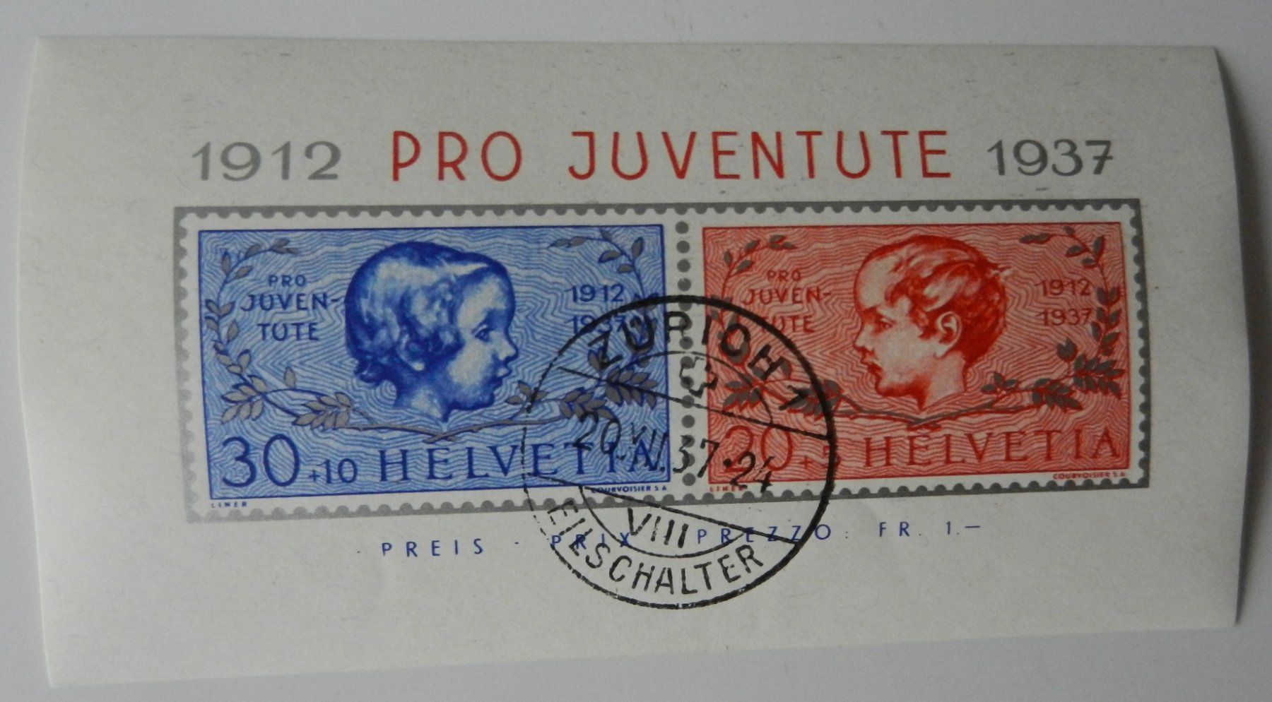 Alle Briefmarken: Pro Juventute Block 1937 Ersttag mit Gummi – Gebraucht aus Riet (Neftenbach) von Marietta03