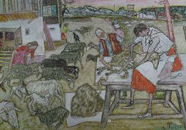 Schulwandbild, Wandbild Lehrbild "Schafschur" Alois Carigiet